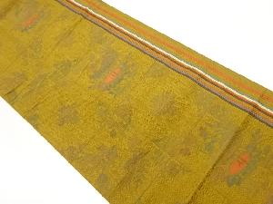 本場筑前博多縞に変わり市松・鳥・花唐草模様織出し名古屋帯